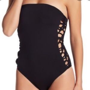 RED CARTER BLACK SIDE LACE UP HALTER SWIMSUIT